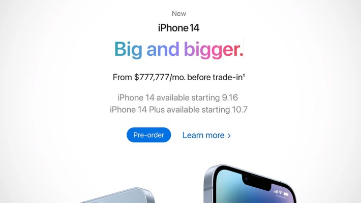 Сбой на сайте Apple установил цену iPhone 14 на уровне 777 777$ в месяц